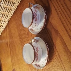 2 Antique Soko China hand painted cherry blossoms footed cup & saucer sets